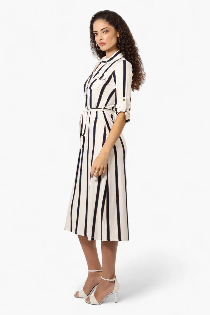 Beechers Brook Belted Striped Roll Up Sleeve Maxi Dress - White