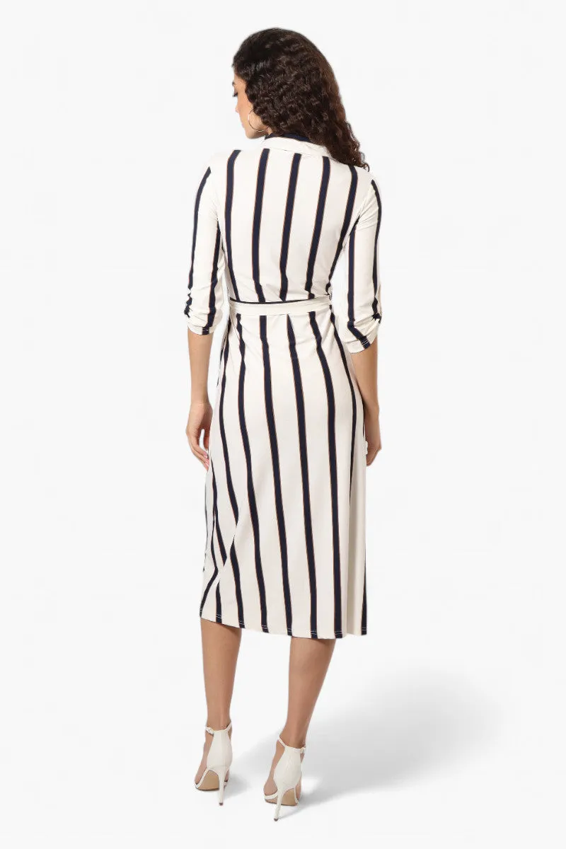 Beechers Brook Belted Striped Roll Up Sleeve Maxi Dress - White