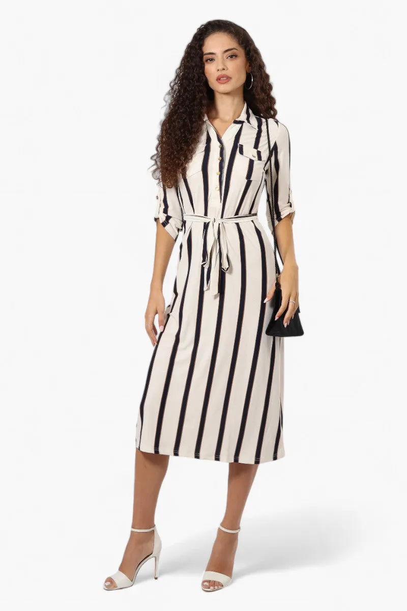 Beechers Brook Belted Striped Roll Up Sleeve Maxi Dress - White