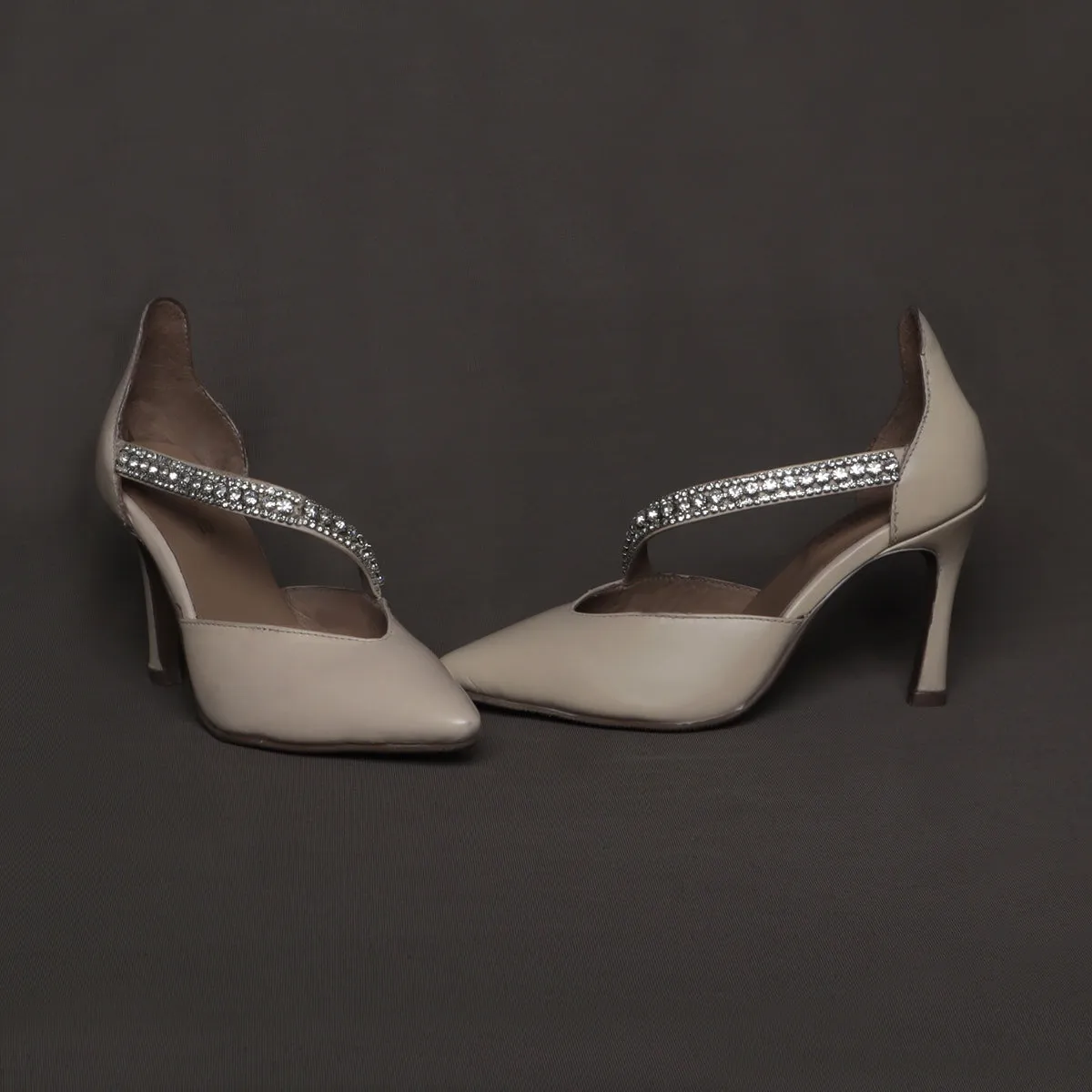 Beige Leather Rhinestone Décor Strap Point Toe Heel Pumps