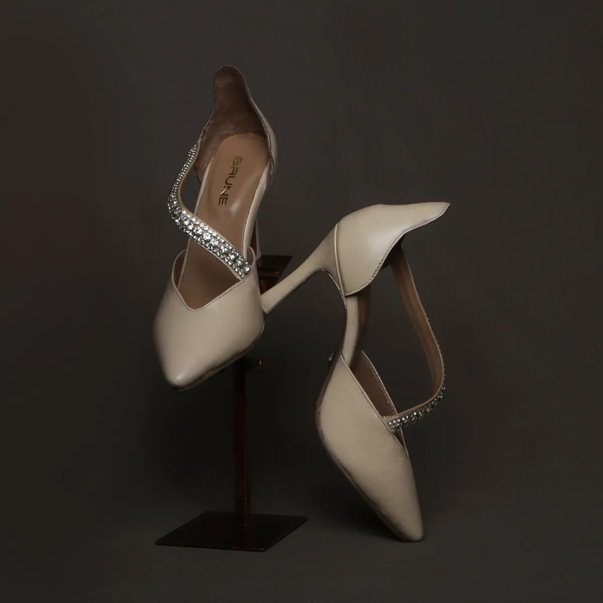 Beige Leather Rhinestone Décor Strap Point Toe Heel Pumps