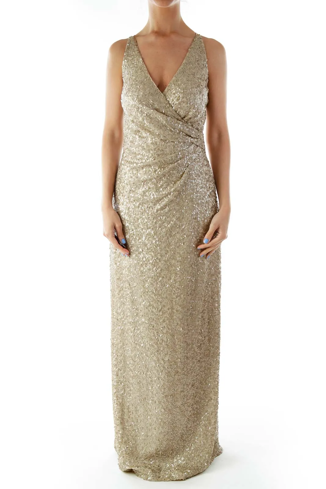 Beige Metallic Sleeveless Evening Dress