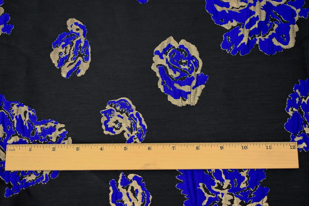 Black-Gold-Blue Polyester Metallic Floral Matelasse Jacquard Brocade Woven Fabric