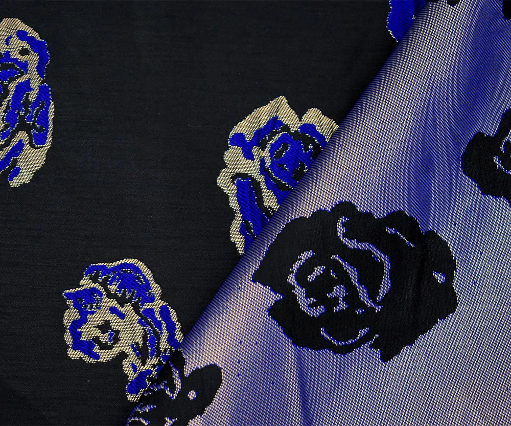 Black-Gold-Blue Polyester Metallic Floral Matelasse Jacquard Brocade Woven Fabric