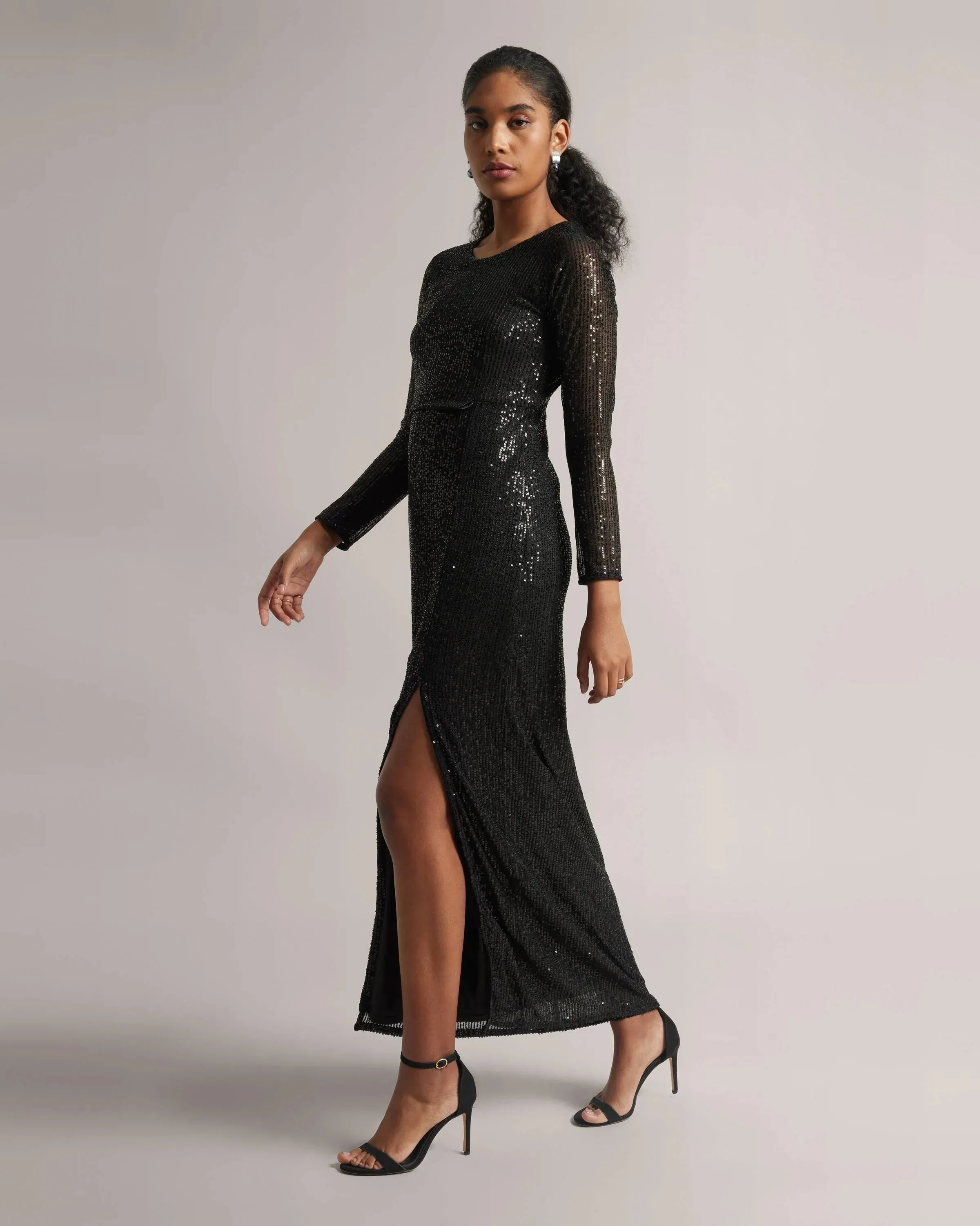 Black Poly Elastane Sequinned Party Maxi Dress with Slit