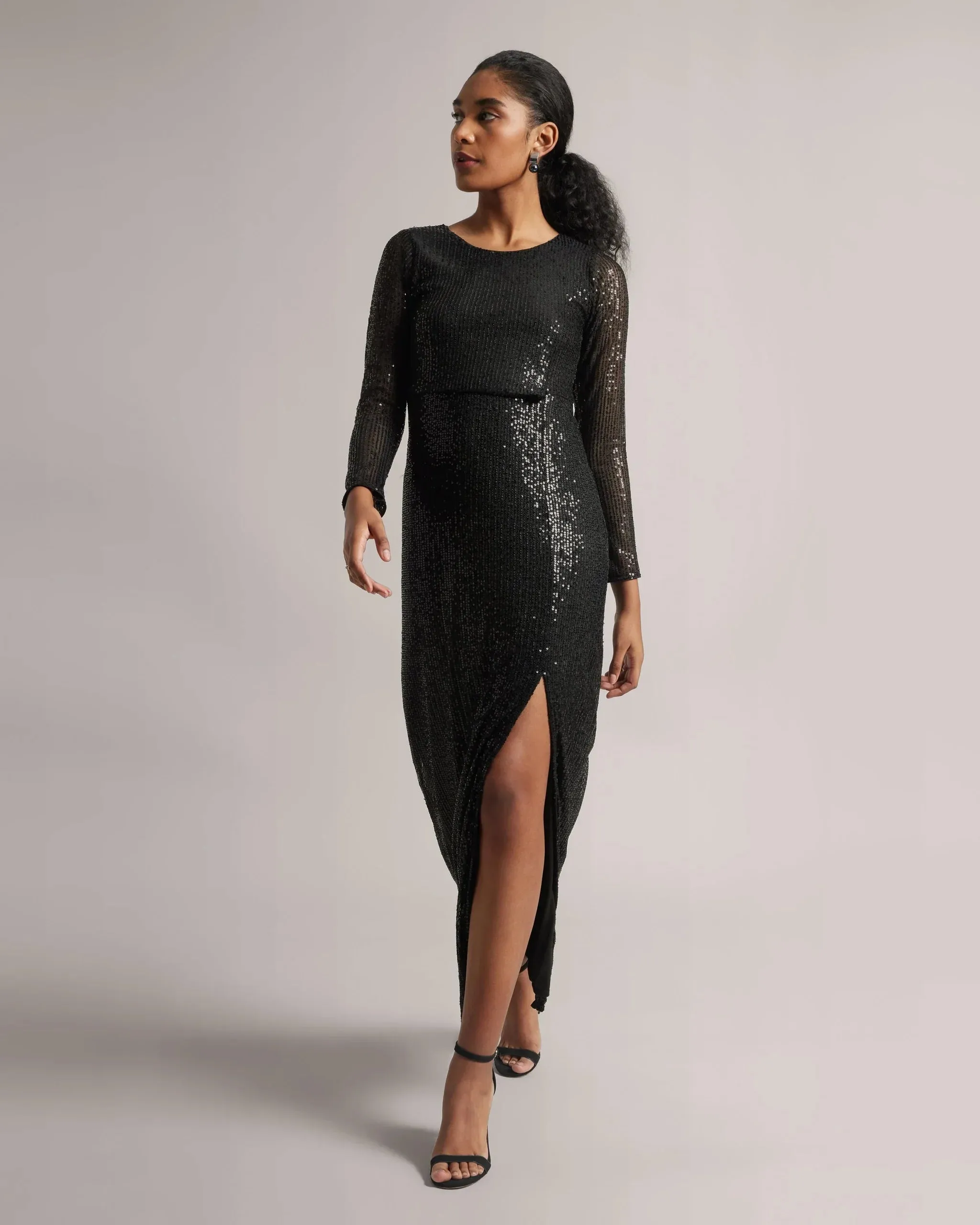 Black Poly Elastane Sequinned Party Maxi Dress with Slit