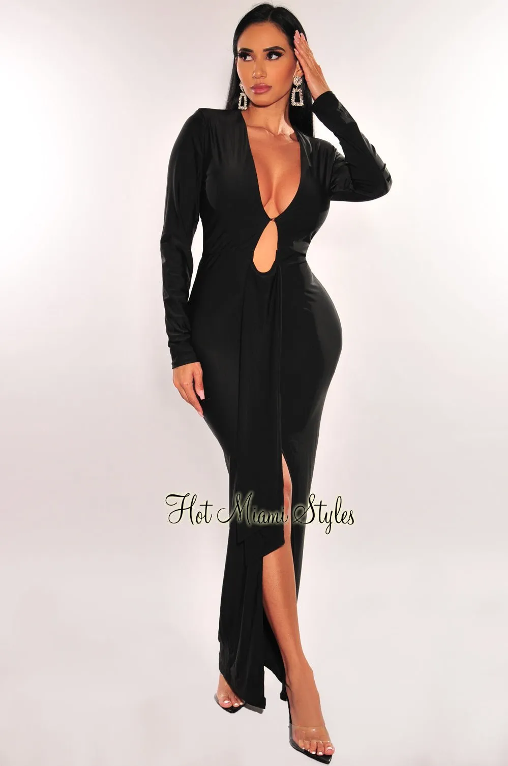 Black Silky Plunge V Neck Ruffle Sleeve Maxi Dress