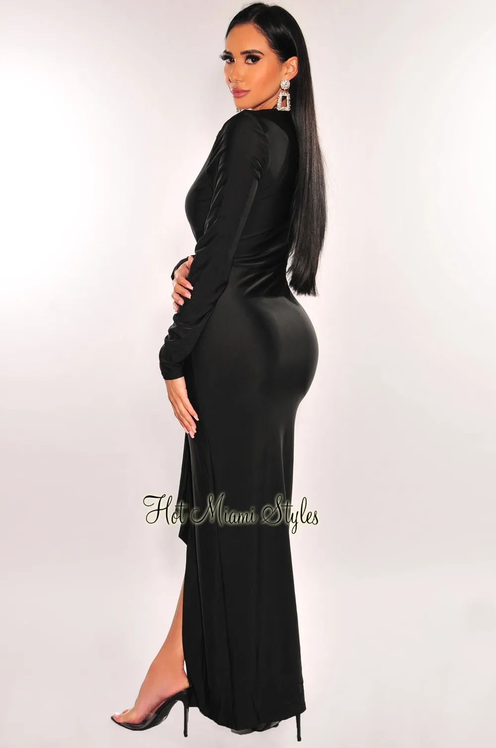 Black Silky Plunge V Neck Ruffle Sleeve Maxi Dress