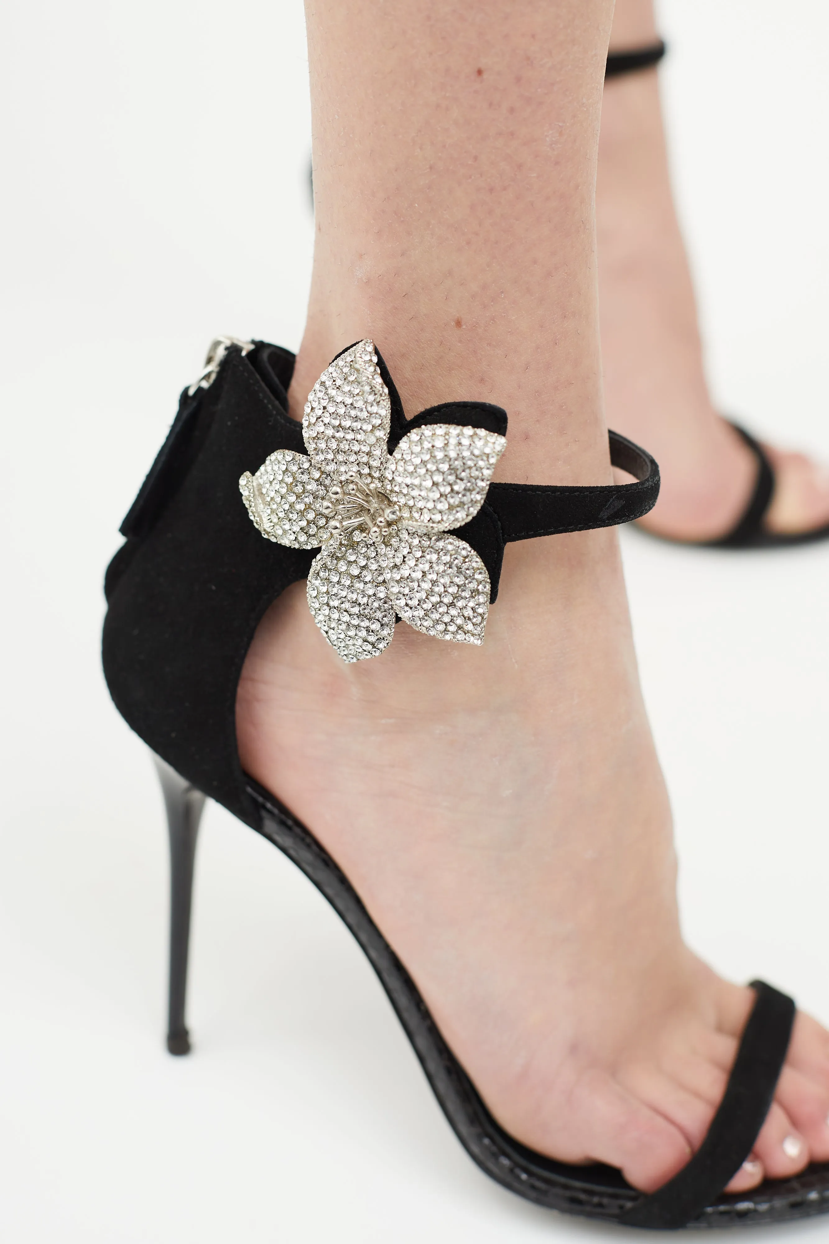 Black Suede & Crystal Flower Sandal Heel