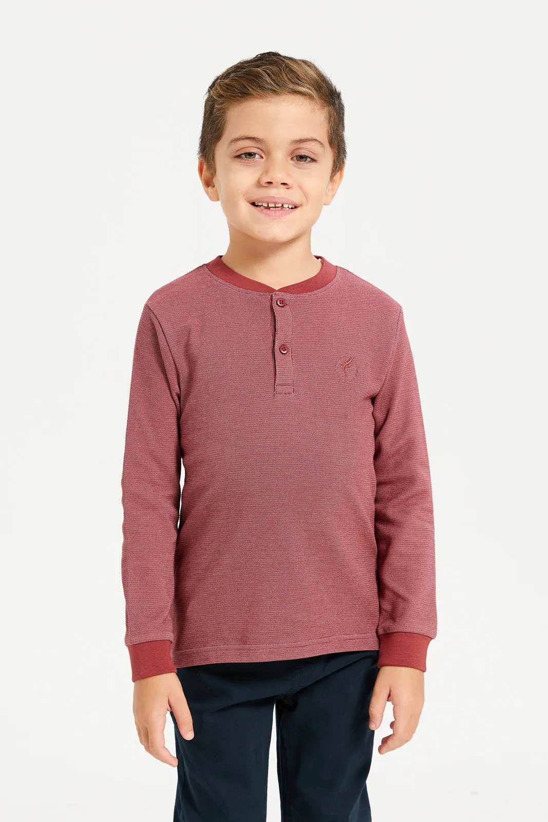 Boys Orange Waffle Fabric Long Sleeve Henley T-Shirt