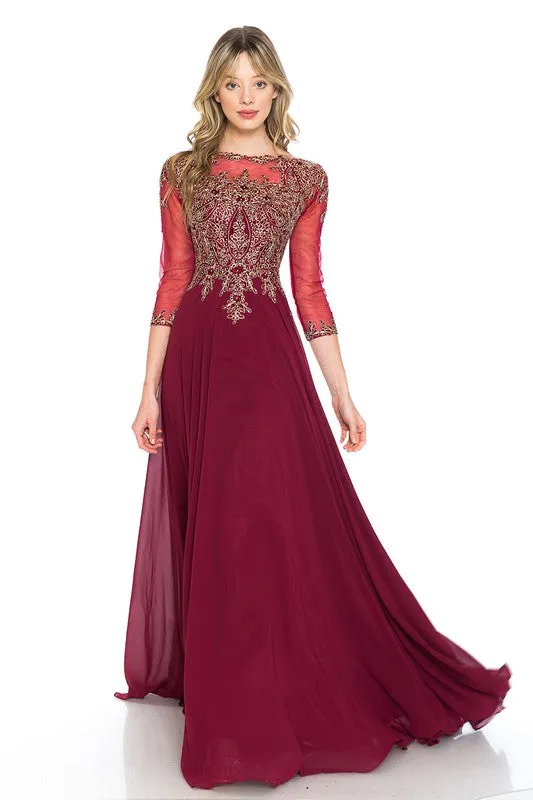 Burgundy Sleeve Mesh Embroidered Formal Dress