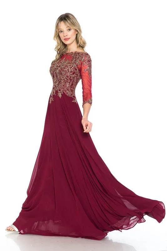 Burgundy Sleeve Mesh Embroidered Formal Dress