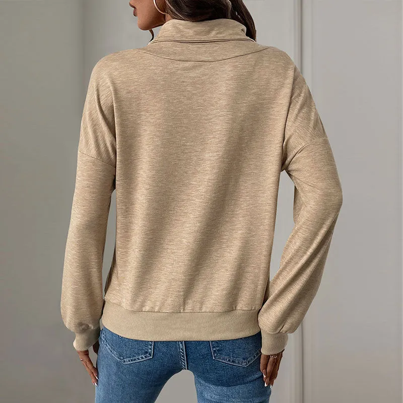 Casual Pleated Button Solid Color Stand-up Neck Sweater Women