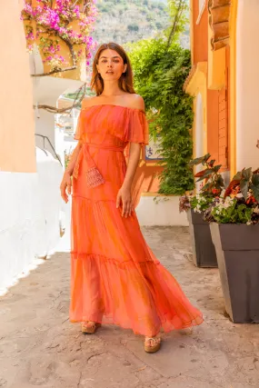 Coral Orange Silk Bardot Maxi Dress