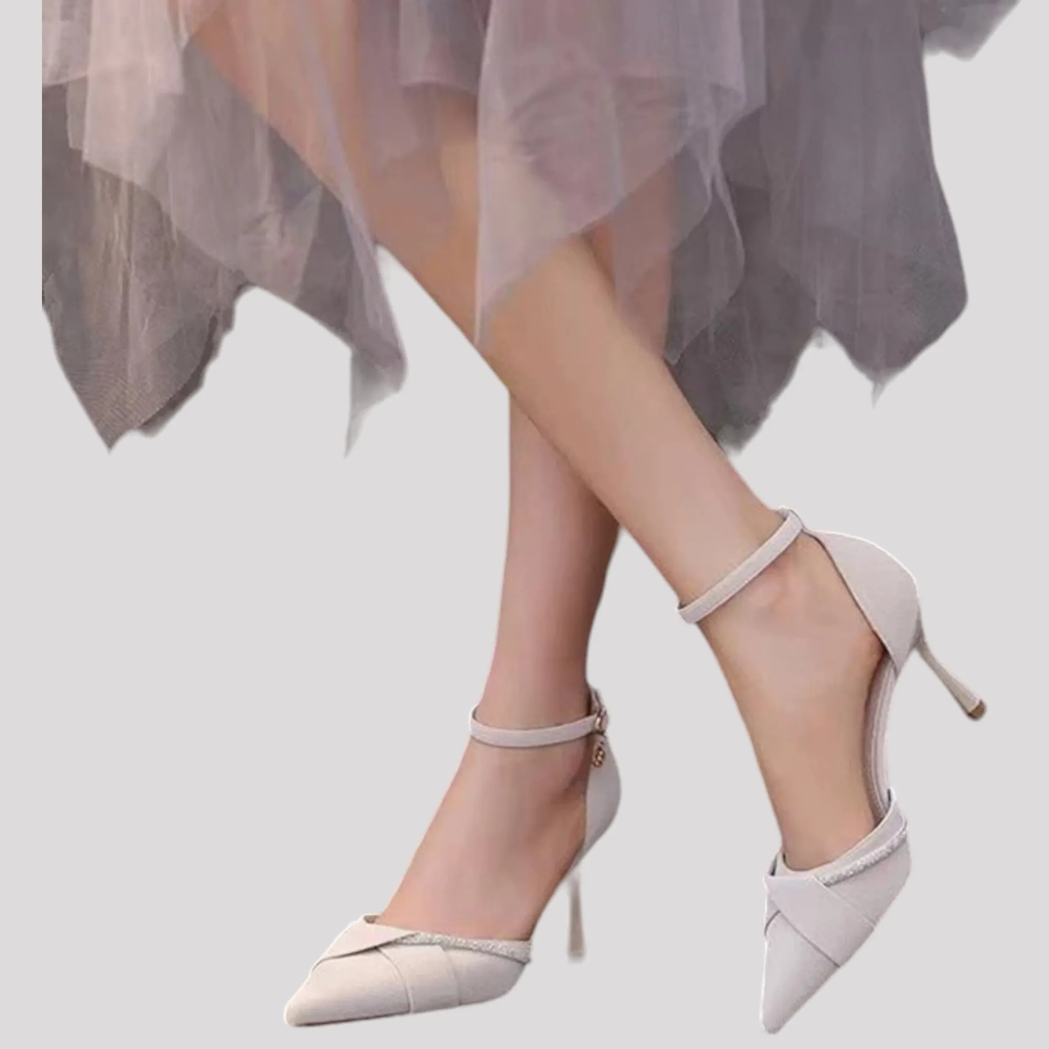 Crystal Detailed Pointed Toe Pump with Ankle Strap, Available in 2 Colours