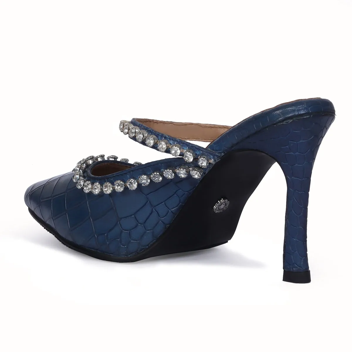 Crystal Stone Heel Pumps Blue Pointed Toe Deep Cut Croco Print leather Partywear Footwear For Ladies By Brune & Bareskin