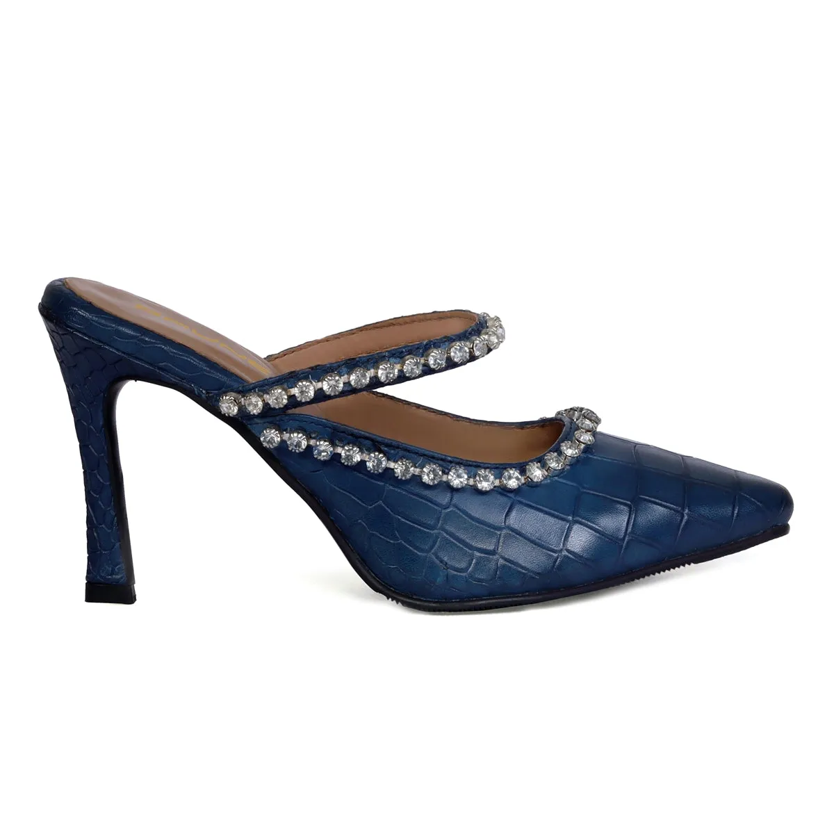 Crystal Stone Heel Pumps Blue Pointed Toe Deep Cut Croco Print leather Partywear Footwear For Ladies By Brune & Bareskin