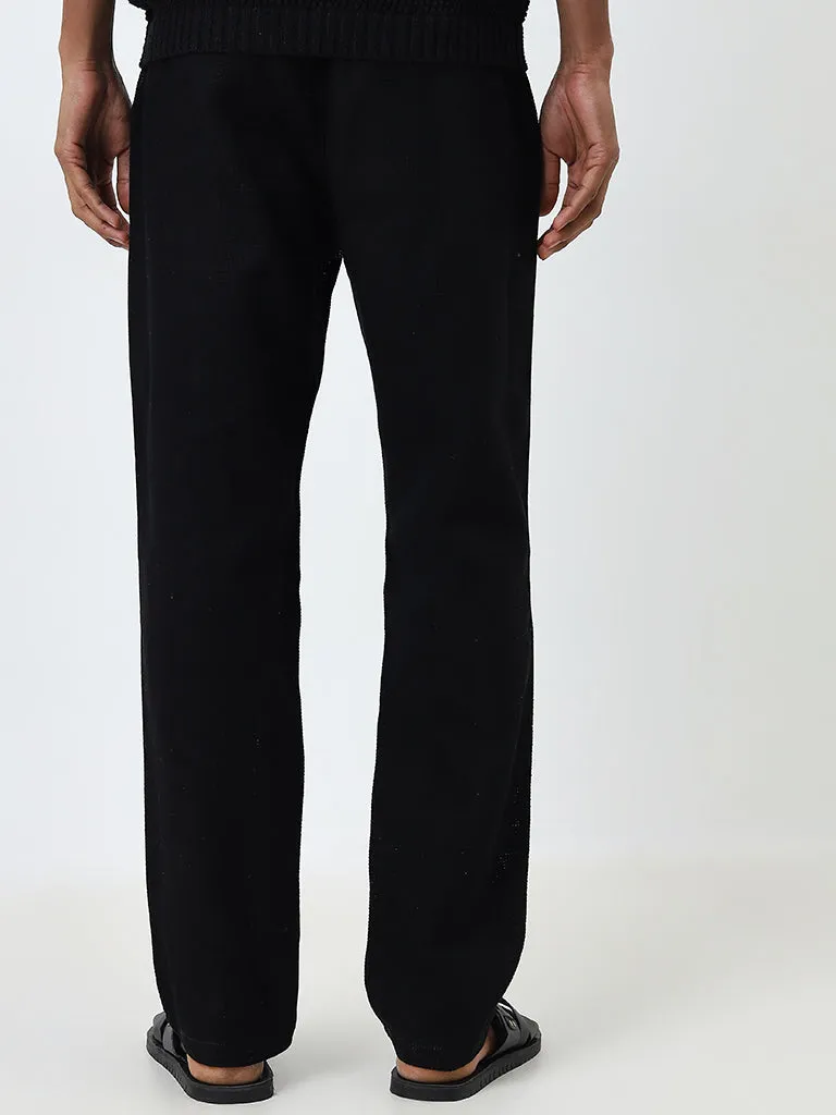 ETA Black Textured Relaxed-Fit Mid-Rise Cotton Pants