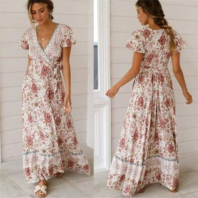 FashionSierra - Holiday Long Dress Women's Boho Dresses Lady Boho Floral V-neck Long Maxi Dress Summer Beachwear Sundress