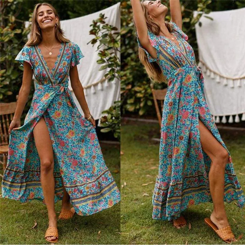 FashionSierra - Holiday Long Dress Women's Boho Dresses Lady Boho Floral V-neck Long Maxi Dress Summer Beachwear Sundress