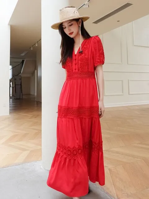 FashionSierra - Women Cotton Patchwork Lace Dresses V-Neck Lantern Sleeve Maxi Dress