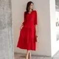 FashionSierra - Women Cotton Patchwork Lace Dresses V-Neck Lantern Sleeve Maxi Dress