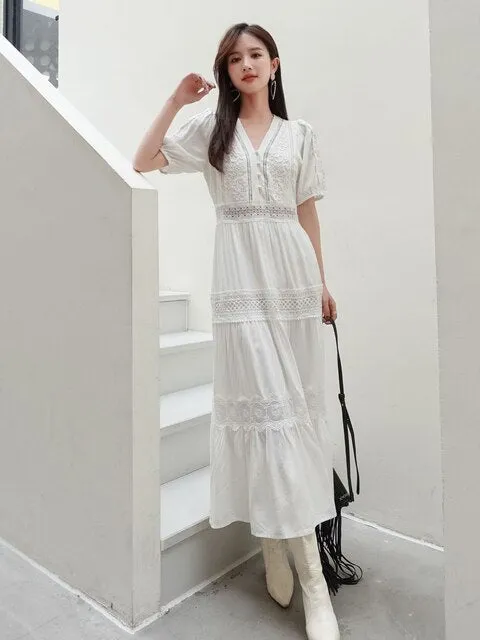 FashionSierra - Women Cotton Patchwork Lace Dresses V-Neck Lantern Sleeve Maxi Dress