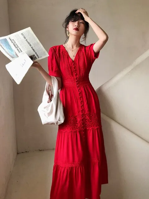 FashionSierra - Women Cotton Patchwork Lace Dresses V-Neck Lantern Sleeve Maxi Dress