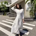 FashionSierra - Women Cotton Patchwork Lace Dresses V-Neck Lantern Sleeve Maxi Dress