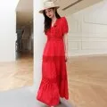 FashionSierra - Women Cotton Patchwork Lace Dresses V-Neck Lantern Sleeve Maxi Dress