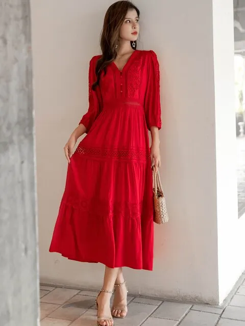 FashionSierra - Women Cotton Patchwork Lace Dresses V-Neck Lantern Sleeve Maxi Dress