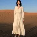 FashionSierra - Women Cotton Patchwork Lace Dresses V-Neck Lantern Sleeve Maxi Dress