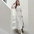 FashionSierra - Women Cotton Patchwork Lace Dresses V-Neck Lantern Sleeve Maxi Dress