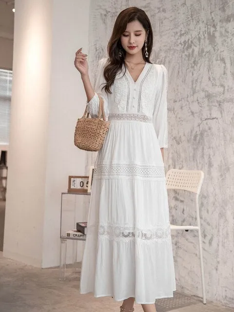 FashionSierra - Women Cotton Patchwork Lace Dresses V-Neck Lantern Sleeve Maxi Dress