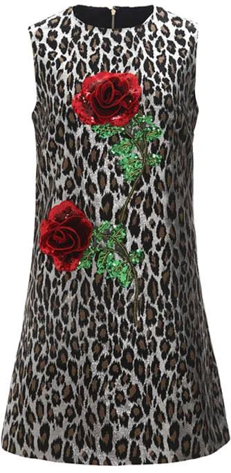 Floral-Appliques Metallic Leopard Mini Dress