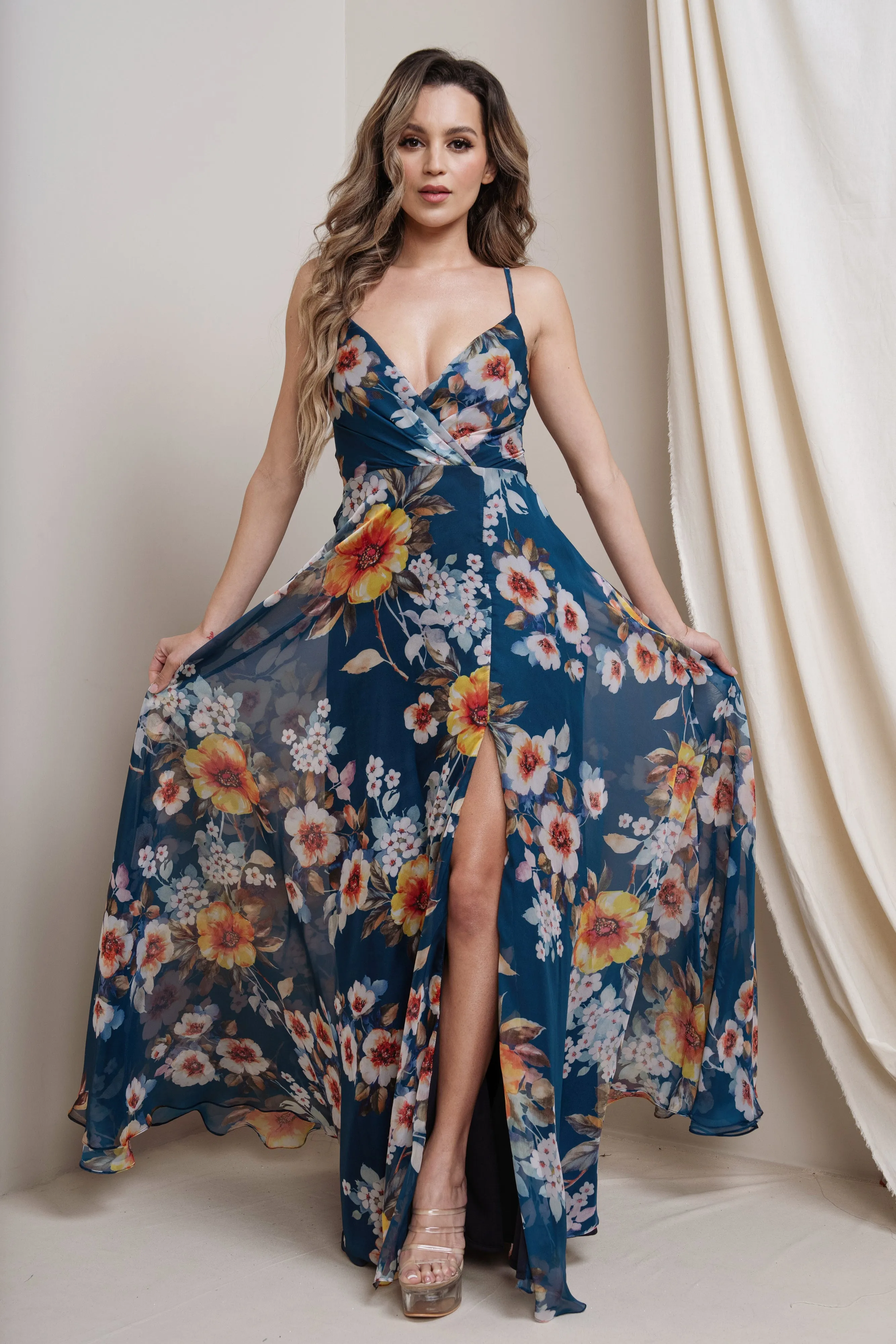 Floral Print Chiffon Maxi Dress with Slit