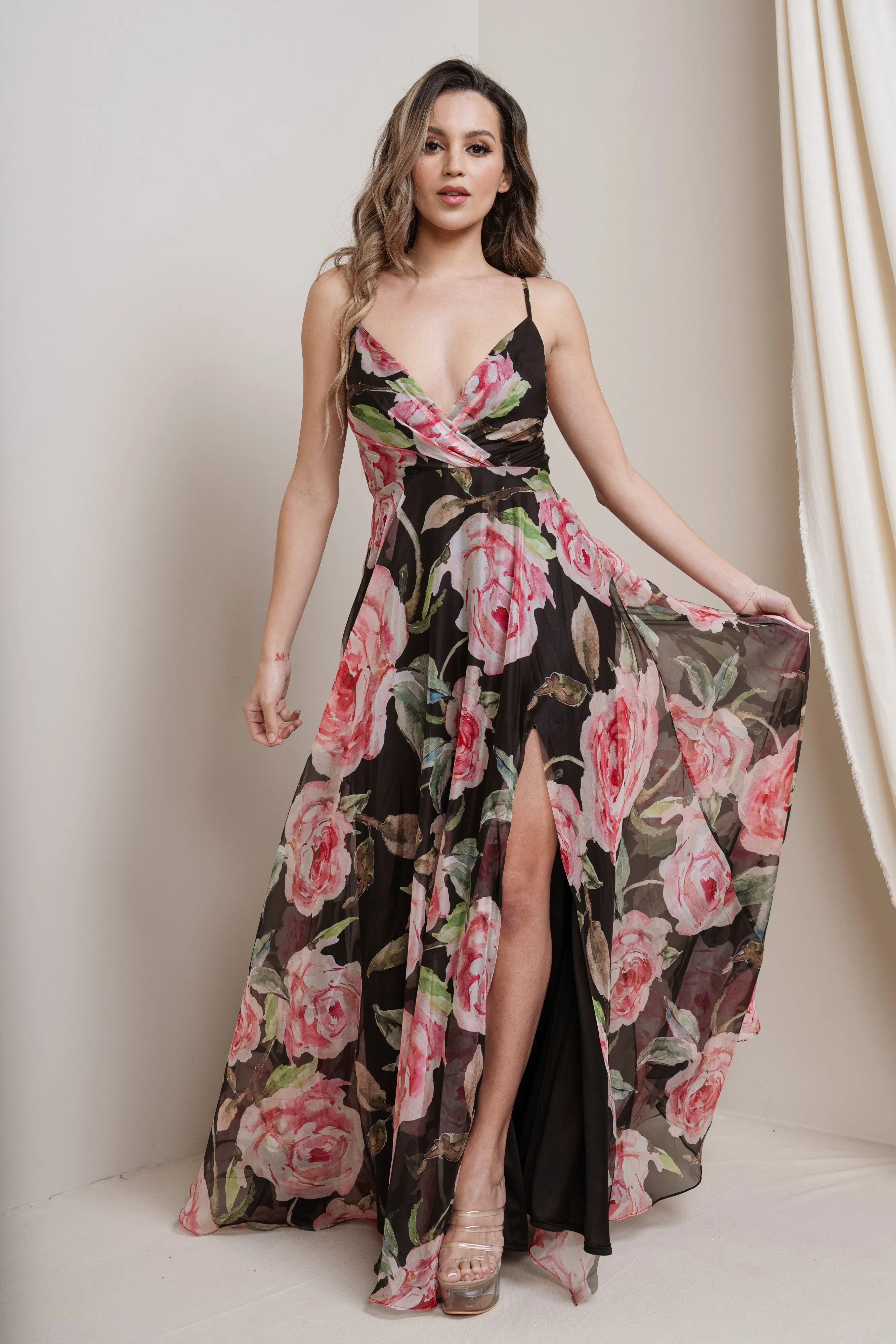 Floral Print Chiffon Maxi Dress with Slit