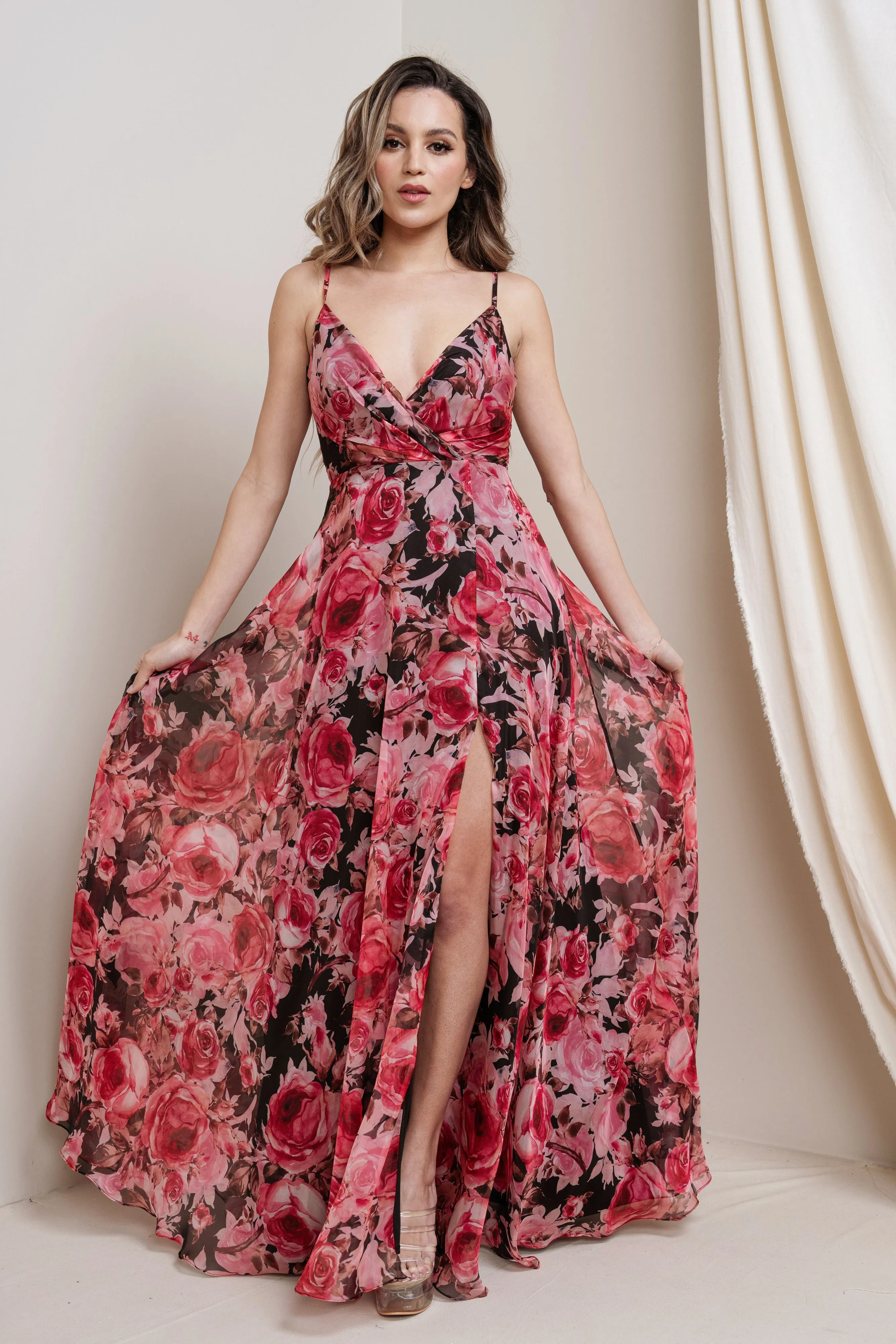 Floral Print Chiffon Maxi Dress with Slit