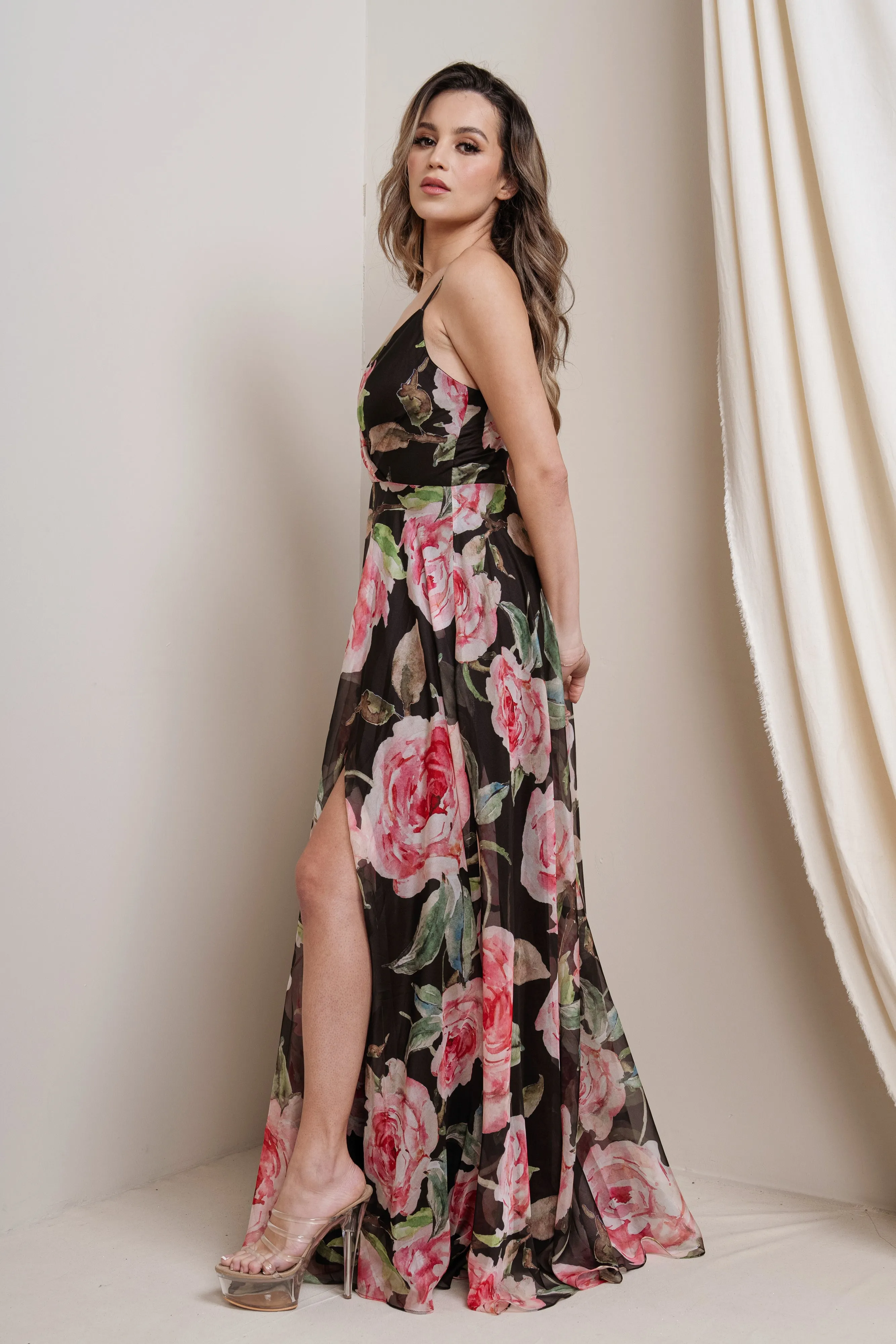 Floral Print Chiffon Maxi Dress with Slit