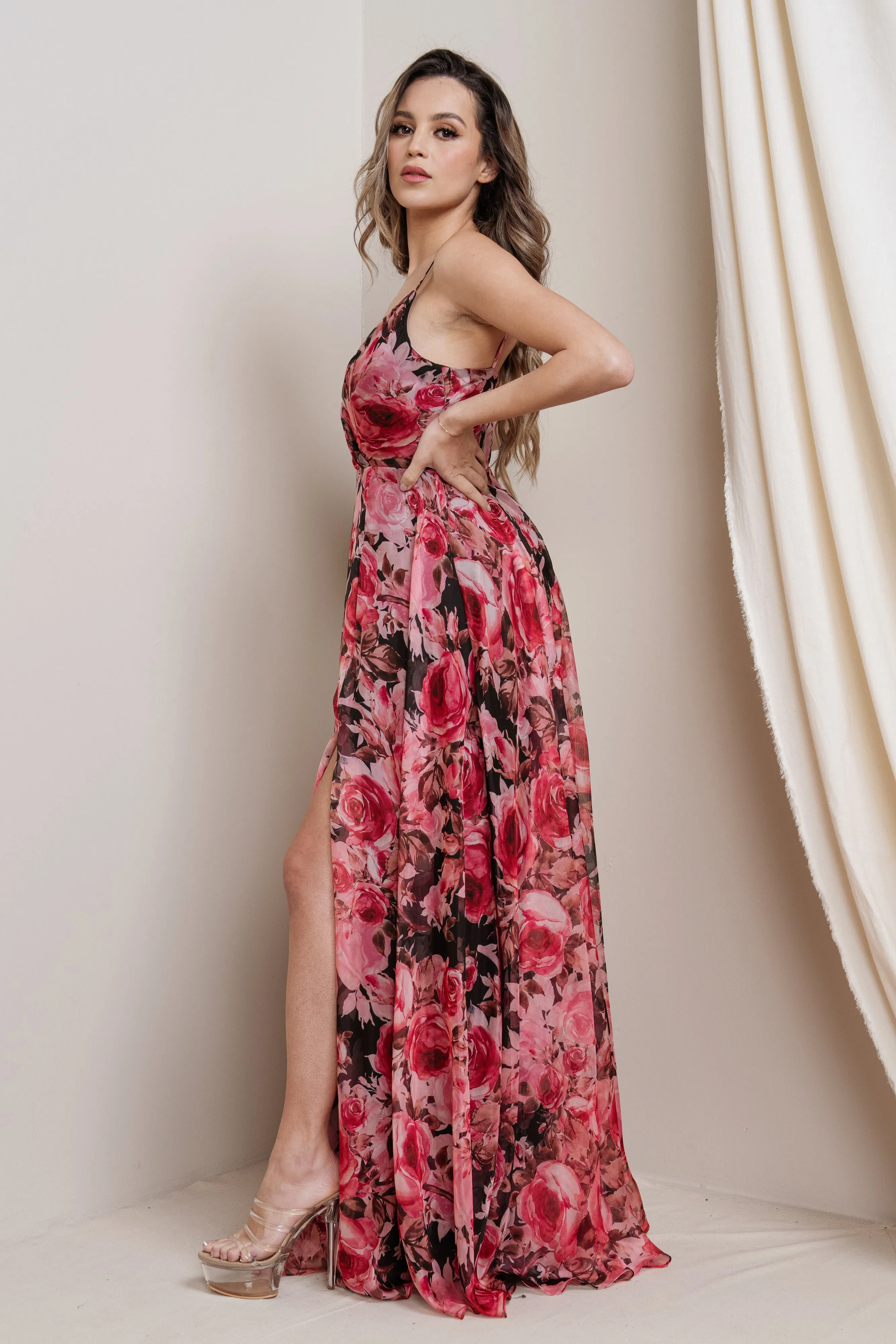 Floral Print Chiffon Maxi Dress with Slit