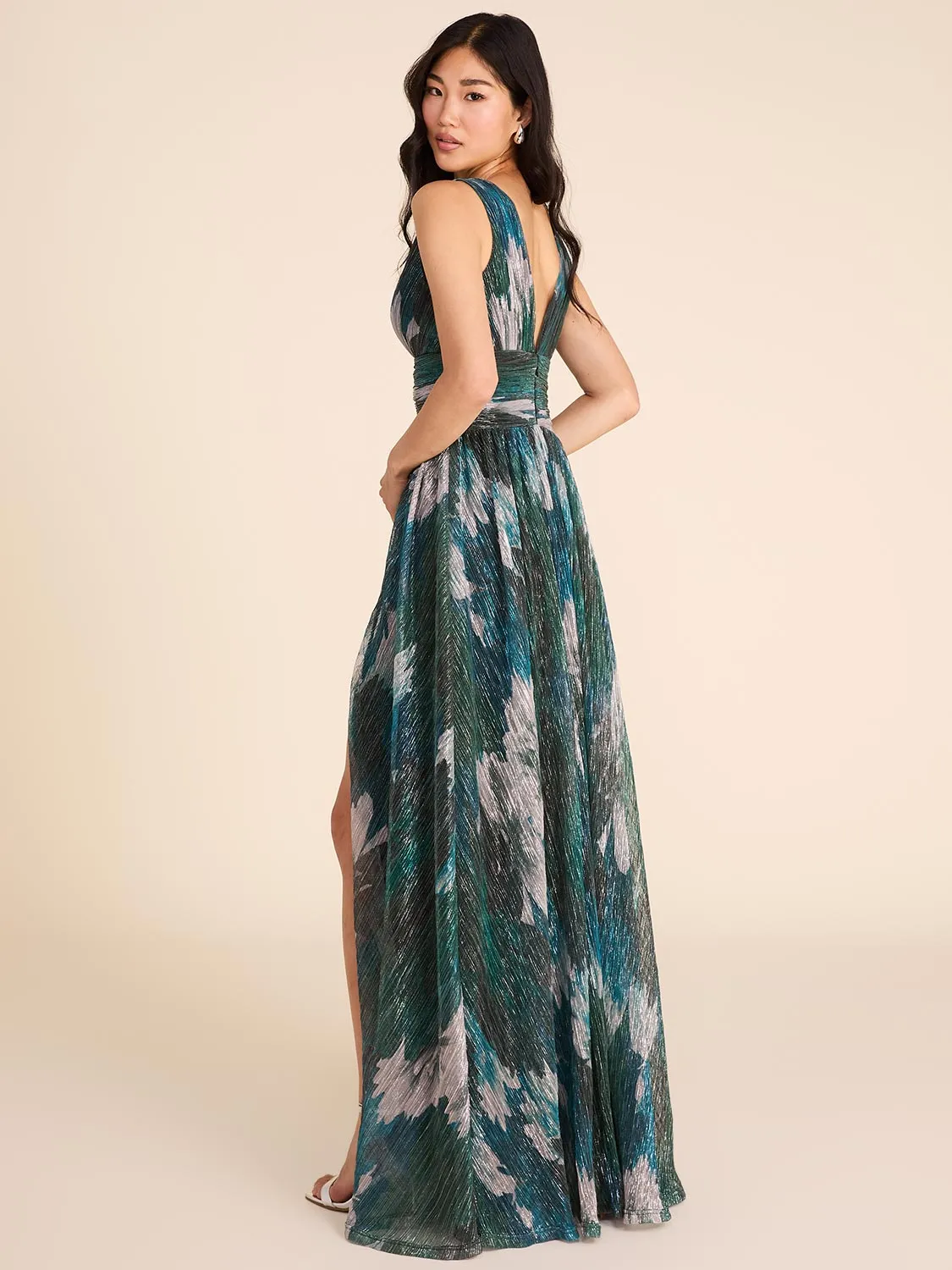 Floral Print V-Neck Metallic Crinkle Knit Gown