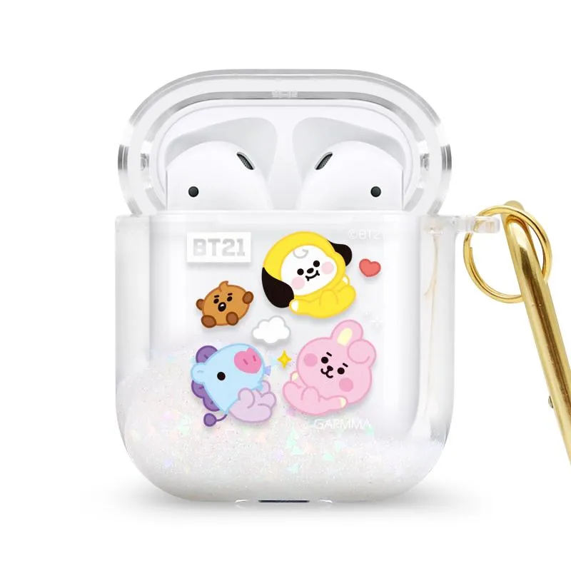 GARMMA BT21 Glitter Quicksand Apple AirPods Case Cover with Carabiner Clip