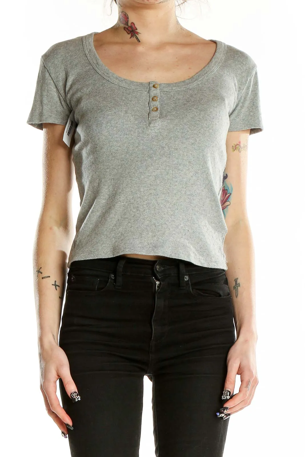 Gray Cotton Henley Crop Top