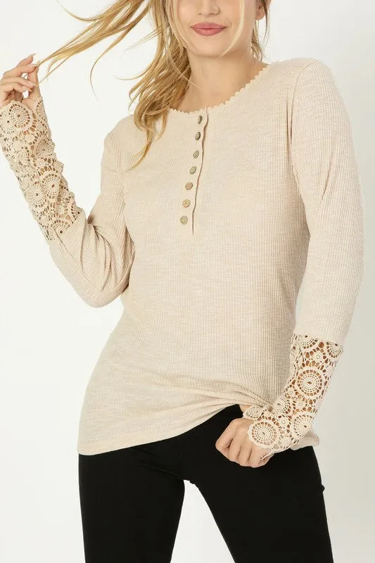 Lace Trim Henley Neck Tee