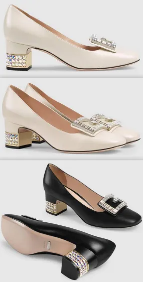 Leather Mid-Heel Pumps with Crystal G - White or Black