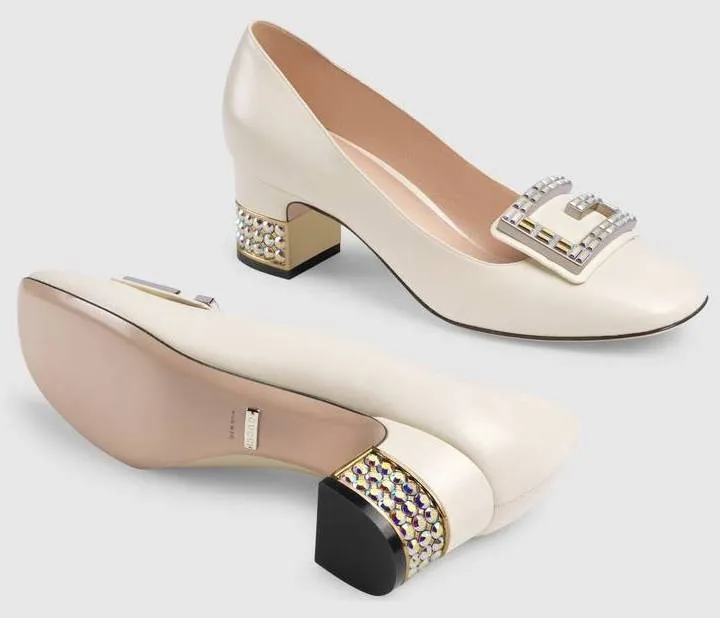 Leather Mid-Heel Pumps with Crystal G - White or Black