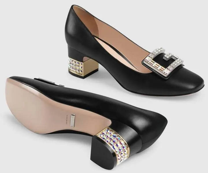 Leather Mid-Heel Pumps with Crystal G - White or Black