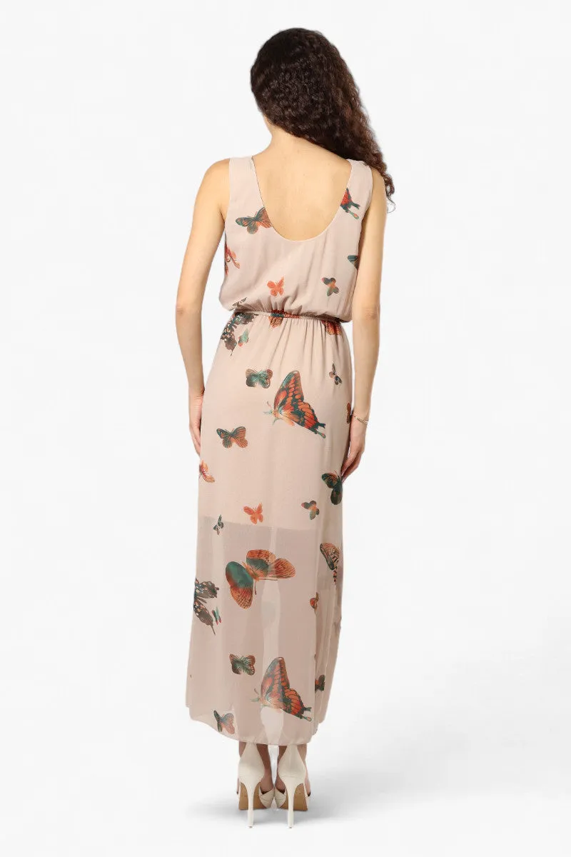 Limite Butterfly Pattern Sleeveless Tank Maxi Dress - Taupe