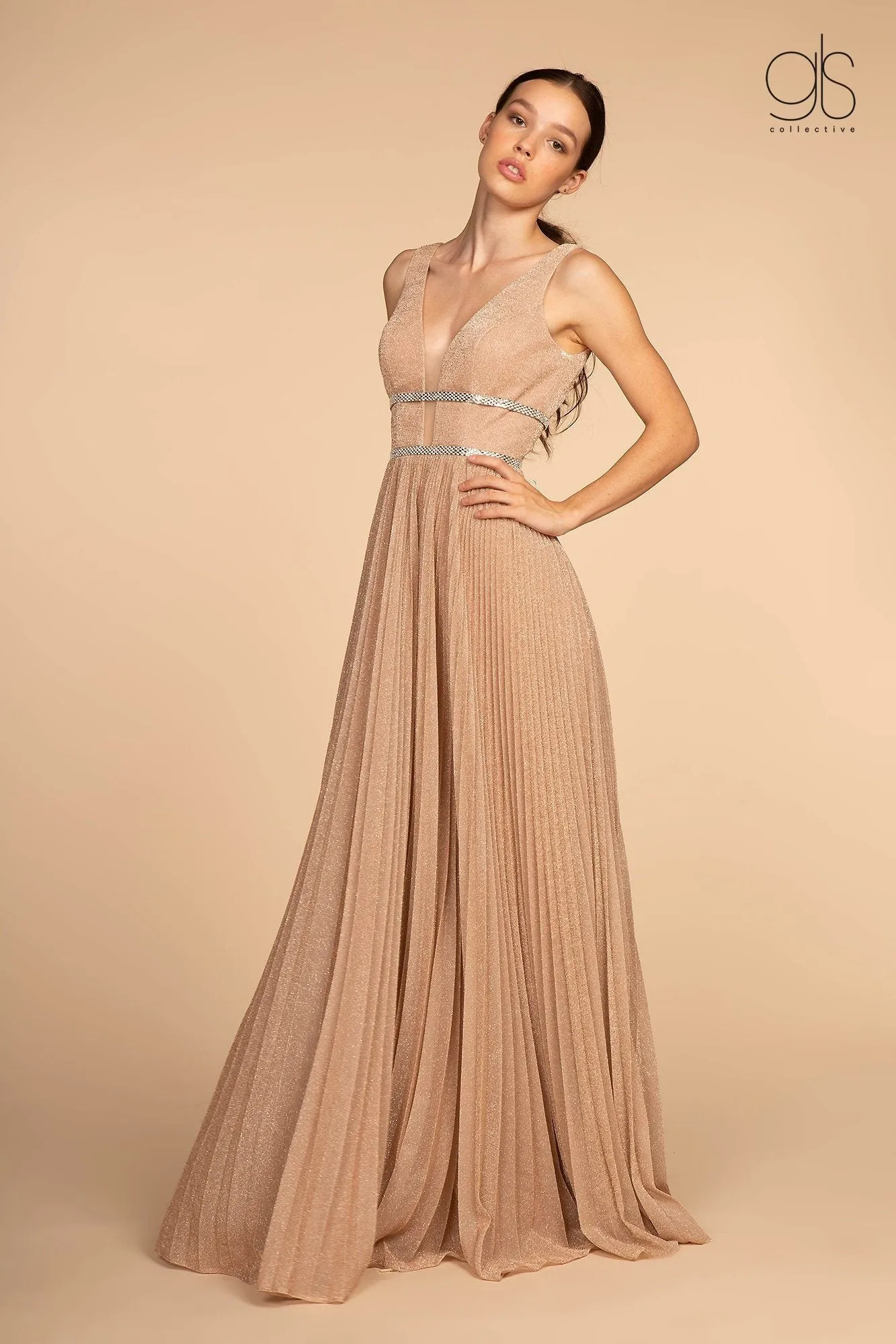 Long Illusion V-Neck Metallic Dress by Elizabeth K GL2501