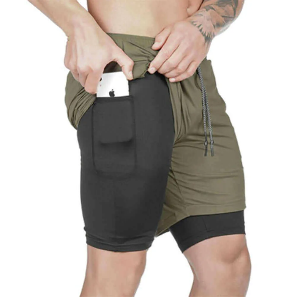 Men 2 in 1 Running Shorts Gym Workout Quick Dry Mens Short with Pocket